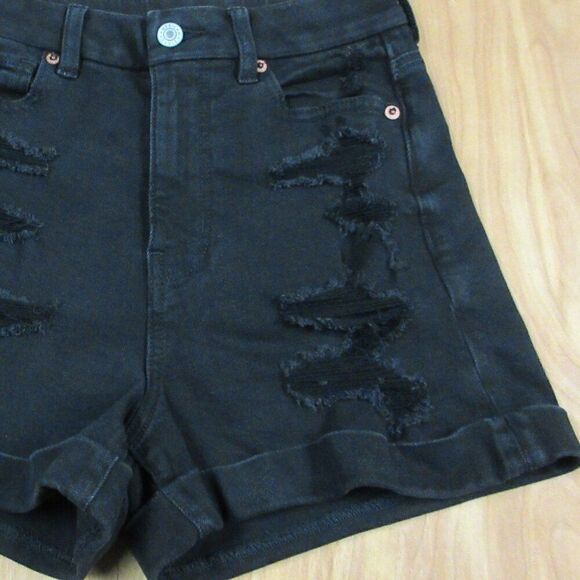 AMERICAN EAGLE Curvy Mom Short Womens Size 0 Cuffed Hem Black Ripped Denim Jeans - Picture 3 of 15